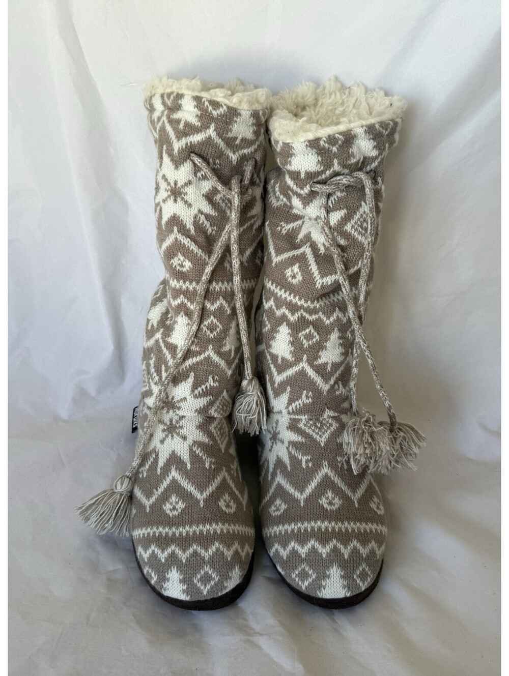 MUK LUKS Women's Tall Grace Tie Boot S 5-6 NWOT Tan/Creme Knit Calf Hi Slippers